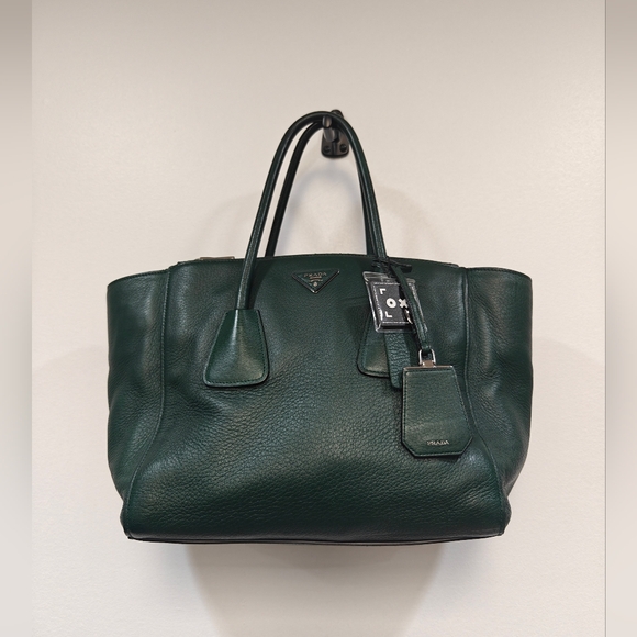 Prada Handbags - Prada Dark Green Pebbled Leather Tote